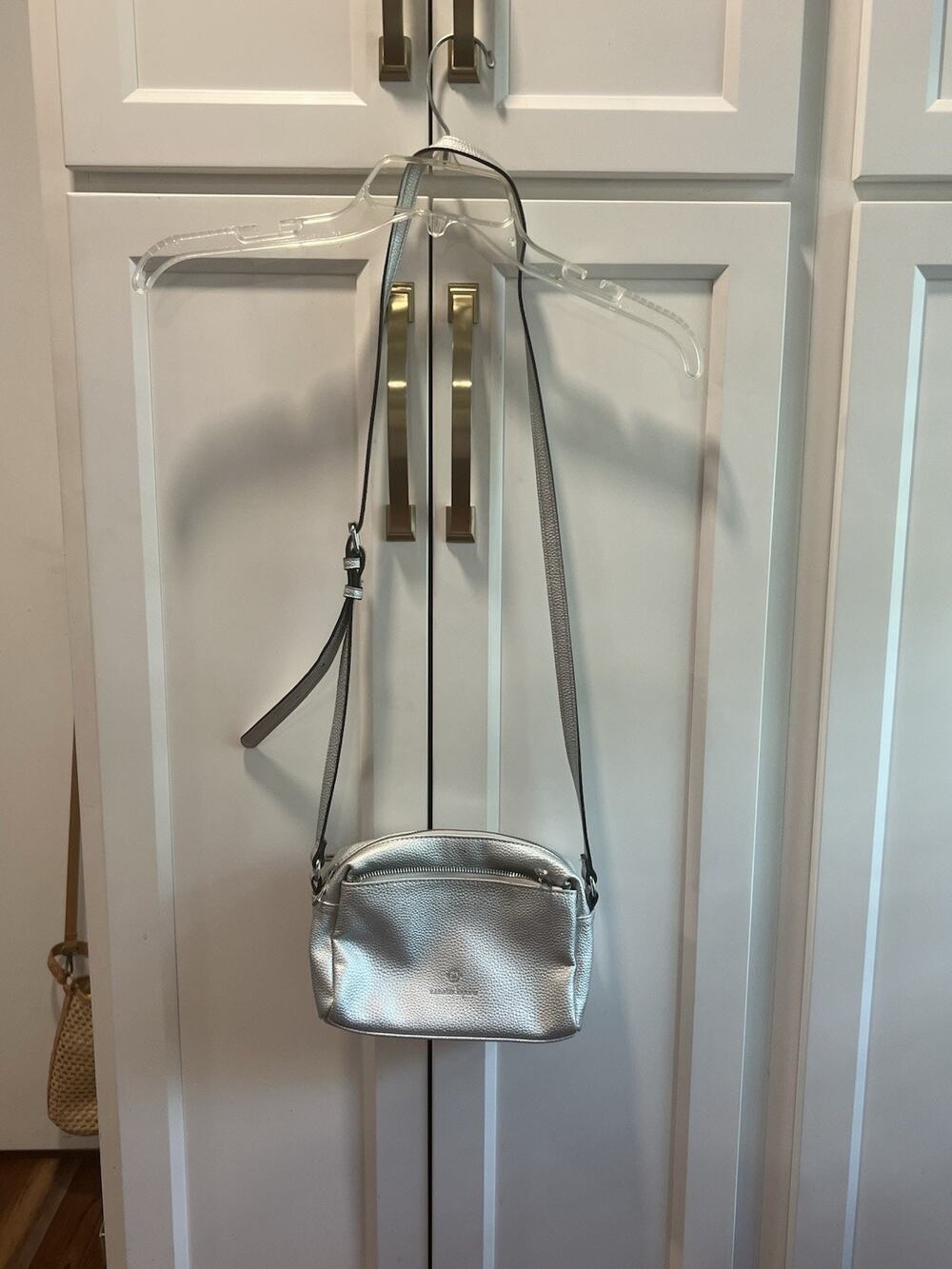 Nanette Lepore Silver Cross Body Purse. 3 Compartments, Zip Closure